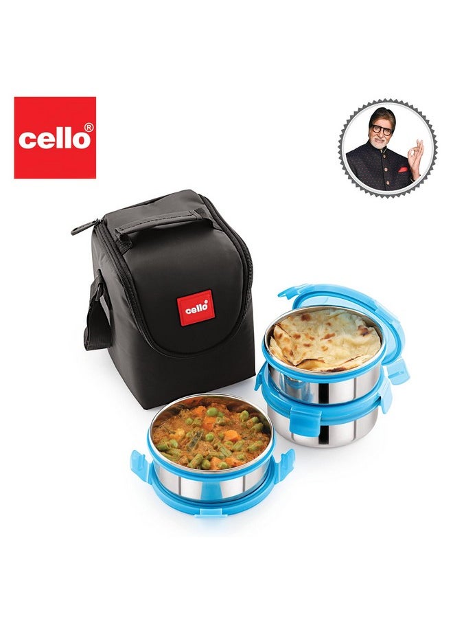 CELLO MF Click 3 Plus Stainless Steel Lunch Box Set, 475ml, 3 Unit, Blue