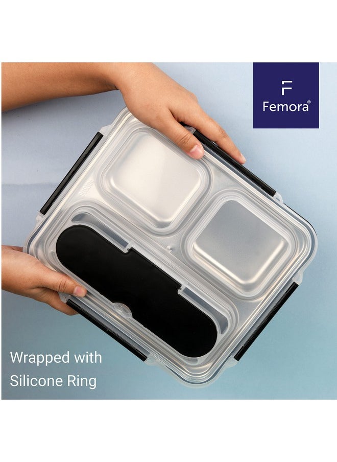 Femora High Steel Container Rectangle Lunch Box for Office-College-School - (Not Leakproof) (3 Pots) - Black
