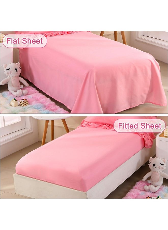 Wowelife Toddler Bedding Set for Girls 4 Piece Ruffle Boho Tufted Fringe Pink Toddler Bed Comforter Sets Jacquard Bed Set Bed in a Bag with Comforter, Flat Sheet, Fitted Sheet, Pillowcase