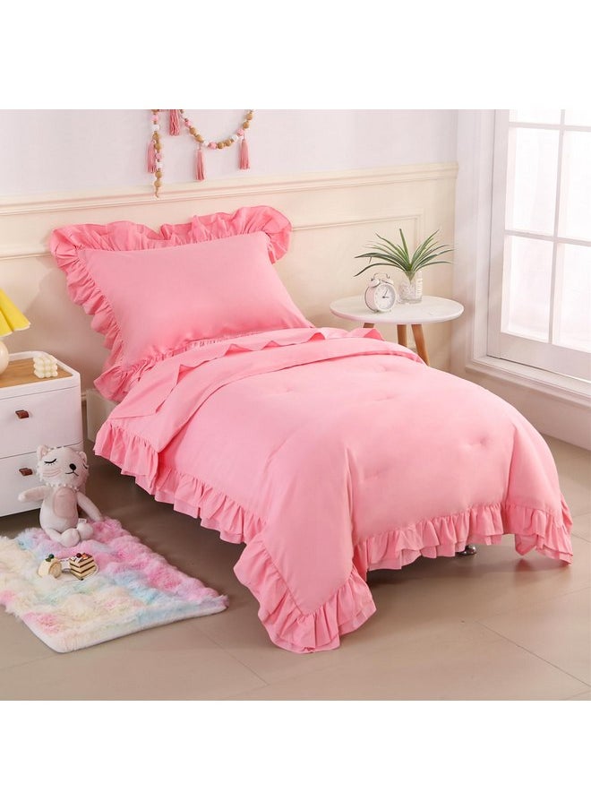 Wowelife Toddler Bedding Set for Girls 4 Piece Ruffle Boho Tufted Fringe Pink Toddler Bed Comforter Sets Jacquard Bed Set Bed in a Bag with Comforter, Flat Sheet, Fitted Sheet, Pillowcase
