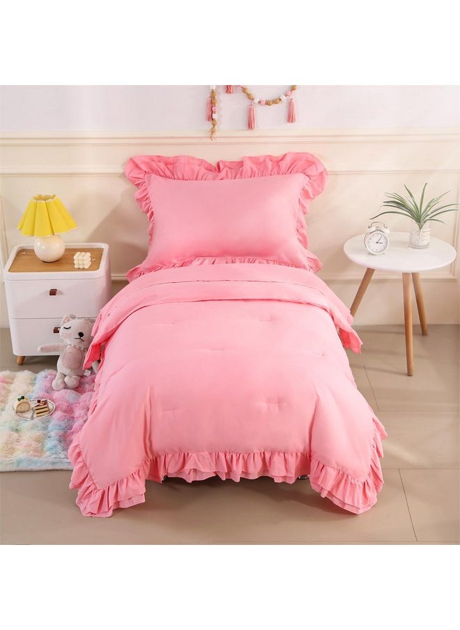 Wowelife Toddler Bedding Set for Girls 4 Piece Ruffle Boho Tufted Fringe Pink Toddler Bed Comforter Sets Jacquard Bed Set Bed in a Bag with Comforter, Flat Sheet, Fitted Sheet, Pillowcase