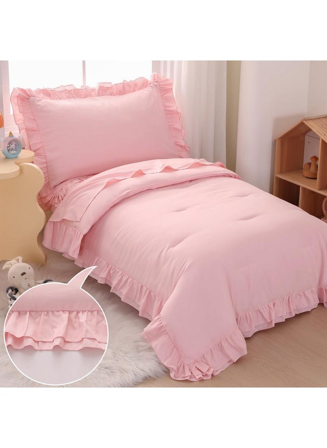 Wowelife Pink Toddler Bedding Set for Girls Toddler Bedding 4 Pieces Boho Tufted Comforter with Ruffles Design Toddler Girl Bed Set with Comforter, Fitted Sheet, Flat Sheet and Pillowcase