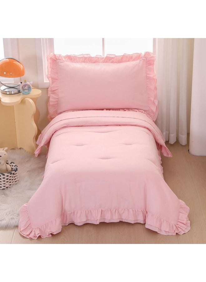 Wowelife Pink Toddler Bedding Set for Girls Toddler Bedding 4 Pieces Boho Tufted Comforter with Ruffles Design Toddler Girl Bed Set with Comforter, Fitted Sheet, Flat Sheet and Pillowcase