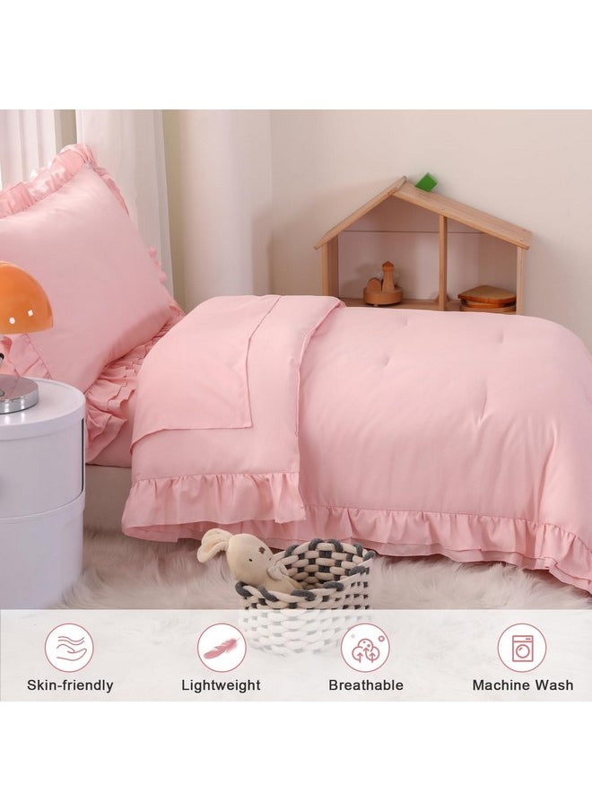 Wowelife Pink Toddler Bedding Set for Girls Toddler Bedding 4 Pieces Boho Tufted Comforter with Ruffles Design Toddler Girl Bed Set with Comforter, Fitted Sheet, Flat Sheet and Pillowcase