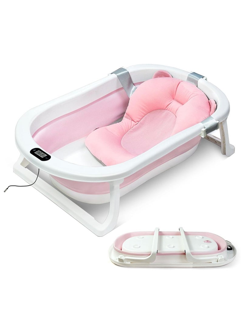 Baby Foldable Bath Tub with Bathmat Cushion & Thermometer, Portable Baby Bathtub with Drain Hole, Shower Basin with Non-Slip Support Leg for 0-6 Years Boy Girl (Pink)