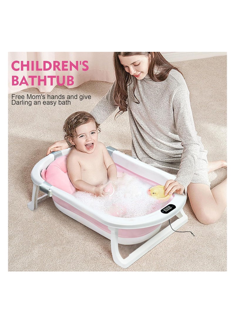 Baby Foldable Bath Tub with Bathmat Cushion & Thermometer PINK