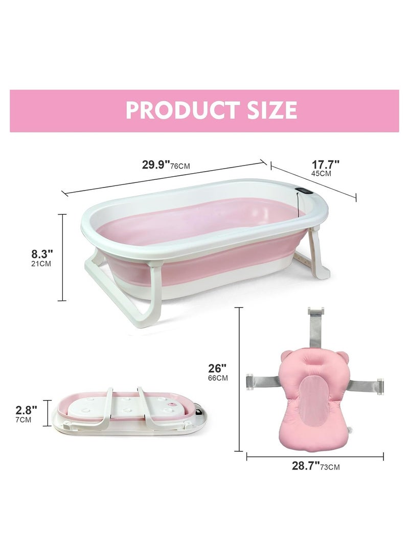 Baby Foldable Bath Tub with Bathmat Cushion & Thermometer PINK