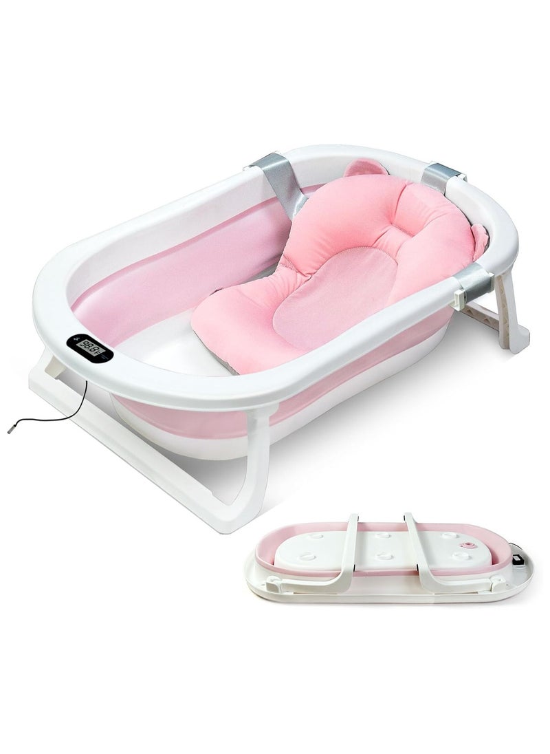 Baby Foldable Bath Tub with Bathmat Cushion & Thermometer PINK