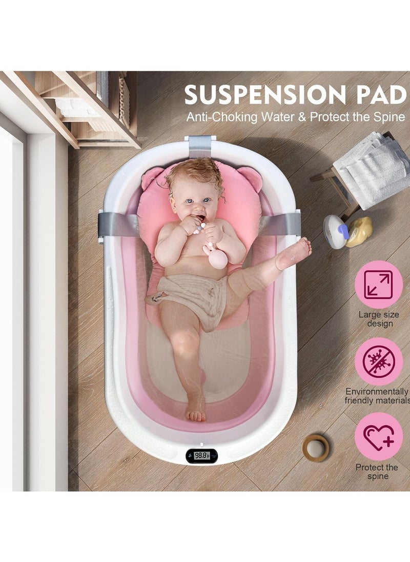 Baby Foldable Bath Tub with Bathmat Cushion & Thermometer PINK