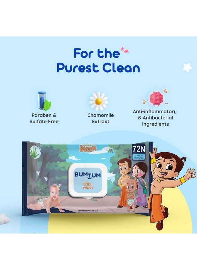 Bumtum Baby Chota Bheem Gentle Soft Moisturizing Wet Wipes With Lid | Aloe Vera & Chamomile Extracts | Paraben & Sulfate Free (Pack of 9, 72 Pcs. Per Pack)