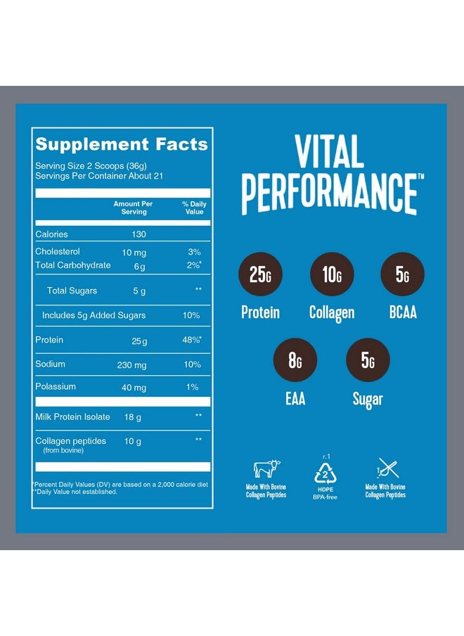 Vital Proteins Performance Powder, 25g Lactose-Free Milk Protein Isolate Powder, NSF for Sport Certified, 10g Grass-Fed Collagen Peptides, 8g EAAs, 5g BCAAs, Gluten-Free - Chocolate, 1.72lb