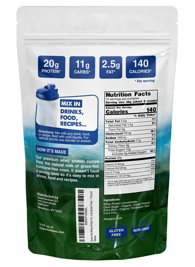 Opportuniteas Grass Fed Whey Protein Powder Concentrate - Chocolate - Pure Protein Supplement - Non GMO, Hormone Free & Gluten Free - 1lb