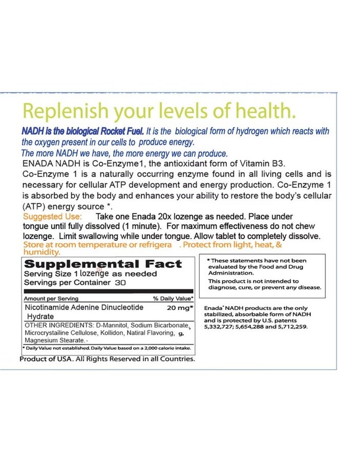 20 X Nadh Supplement | Boost Energy, Mental Focus, Stamina | Support Fatigue, Cell Regenerator | 20Mg Nadh 30 Lozenges (1 Per Serving) | Natural Energy Supplements For Women And Men
