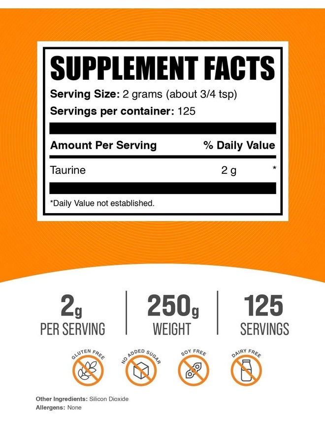 BulkSupplements.com Taurine Powder - Taurine Supplement, Taurine 2000mg - Amino Acids Supplement for Energy - Unflavored & Gluten Free, 2g per Serving, 250g (8.8 oz) (Pack of 1)