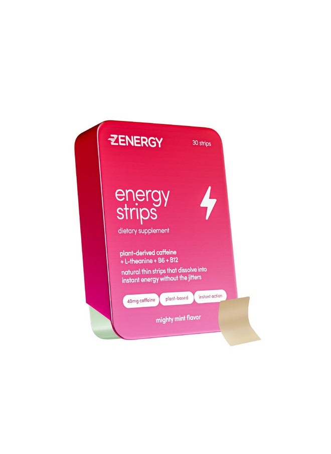 Zenergy Energy Oral Strips - Mint Flavor | 40Mg Caffeine + 30Mg L-Theanine + 100% Vitamin B6 & B12 | 0 Sugar, 0 Calories, 0 Gluten, 0 Aspartame, Vegan, Plant-Based, Instant Action | 1 Tin = 30 Strips