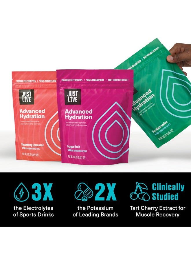 Just Live Advanced Hydration - Strawberry Lemonade, Electrolyte Drink Mix, Tart Cherry Extract, Supports Recovery & Absorption, Low Sugar, 14 Pack