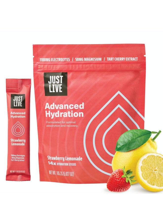 Just Live Advanced Hydration - Strawberry Lemonade, Electrolyte Drink Mix, Tart Cherry Extract, Supports Recovery & Absorption, Low Sugar, 14 Pack