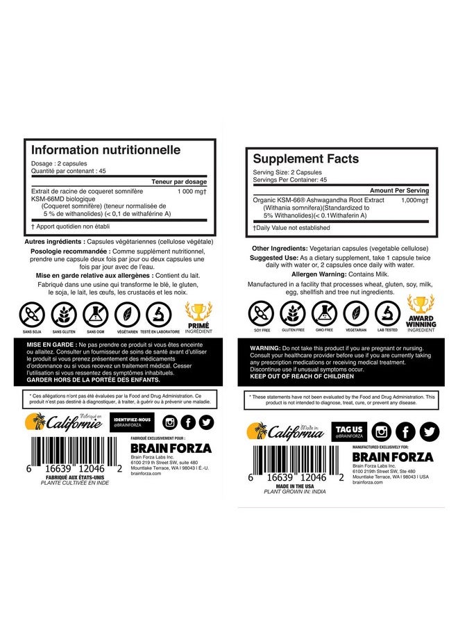 Brain Forza Ksm-66 Ashwagandha Organic Pure Root Extract, Strongest 1,000Mg Dose, High Potency 5% Withanolides, Hormone Health, Cognitive Support, Organic, Non-Gmo, 90 Capsules