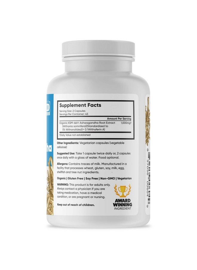 Brain Forza Ksm-66 Ashwagandha Organic Pure Root Extract, Strongest 1,000Mg Dose, High Potency 5% Withanolides, Hormone Health, Cognitive Support, Organic, Non-Gmo, 90 Capsules