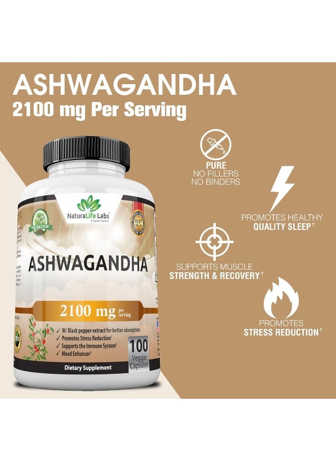 Organic Ashwagandha 2,100 Mg 100 Vegan Capsules