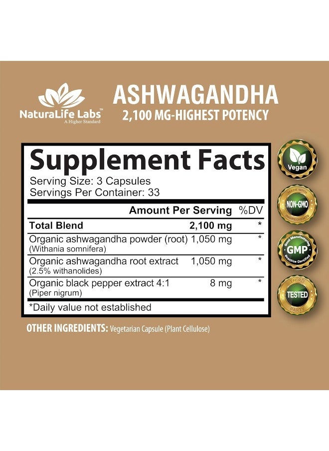 Organic Ashwagandha 2,100 Mg 100 Vegan Capsules