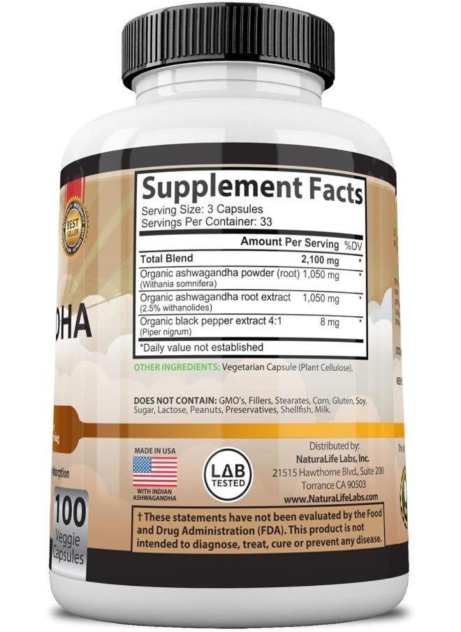 Organic Ashwagandha 2,100 Mg 100 Vegan Capsules