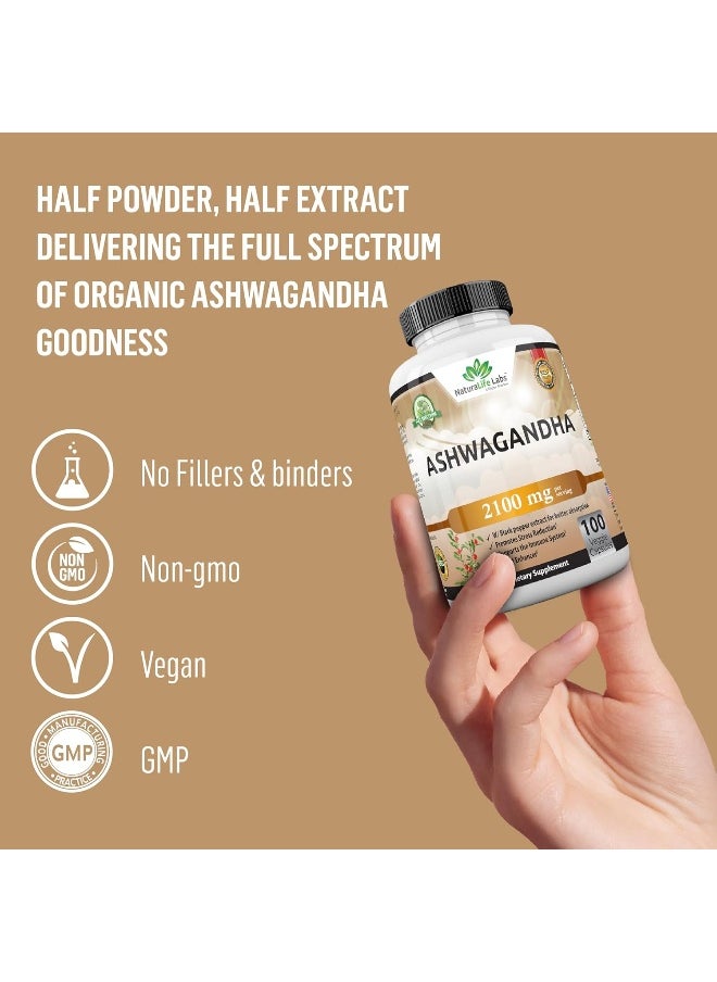 Organic Ashwagandha 2,100 Mg 100 Vegan Capsules