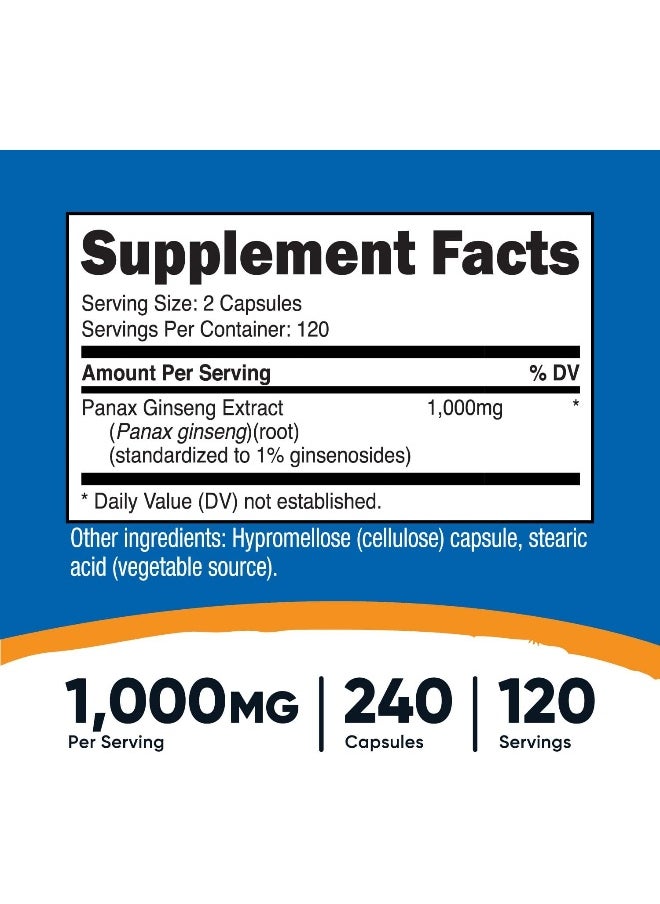 Panax Ginseng 1000Mg, 240 Capsules Non Gmo, Gluten Free, 120 Servings