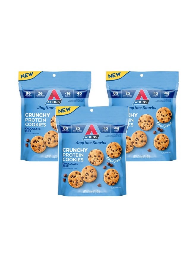 Atkins Bite-Sized Crunchy Protein Cookies, Chocolate Chip, 8g Protein, 4g Fiber, 1g Net Carb, 1g Sugar, Keto Friendly, 3 Bags (5 Servings Per Bag)