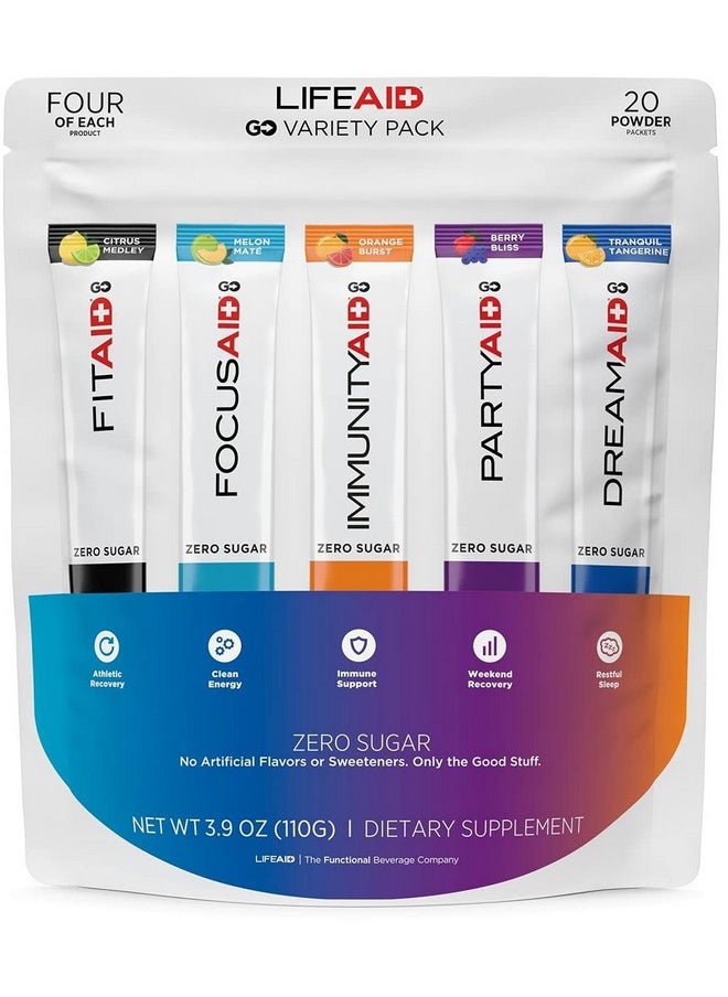 Lifeaid Rainbow Variety Pack Mix, All Zero Sugar, Post Workout Recovery, Nootropics Based Focus, Immune Boost, Dream & Sleep Aid, Travel Size, No Artificial Sweeteners & Flavors, 20 Count