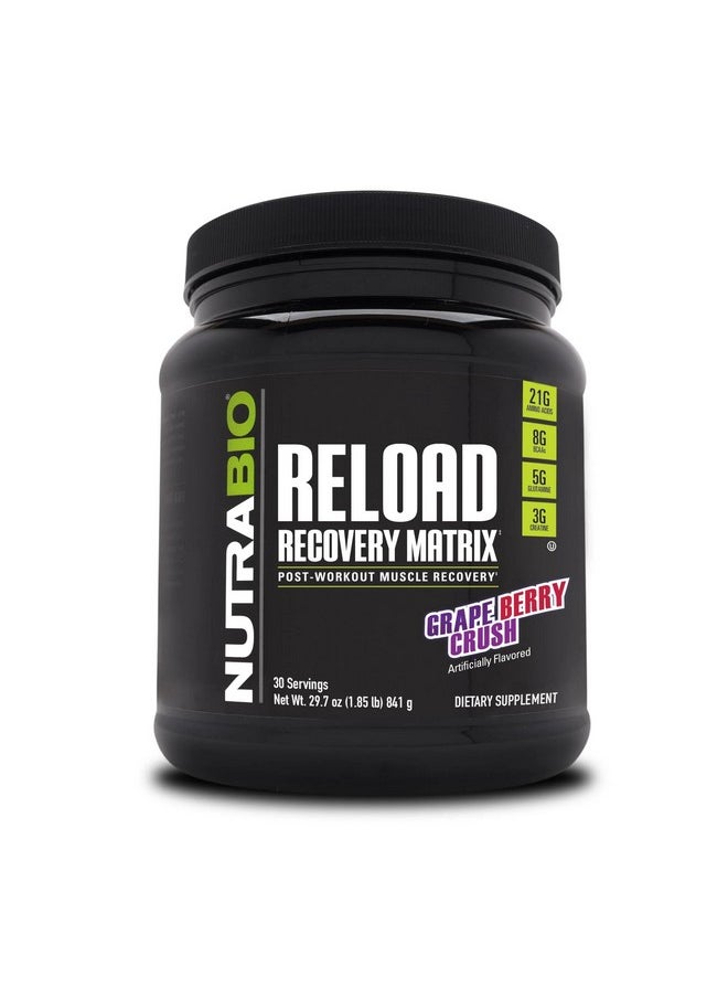 NutraBio Reload - Powerful Muscular Recovery Formula - Post-Workout Supplement - 3G Creatine - 8G BCAAs - 5G Glutamine - 30 Servings, Grape Berry Crush