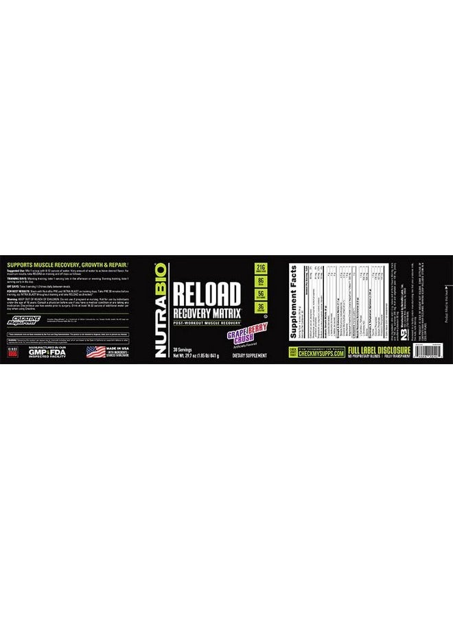 NutraBio Reload - Powerful Muscular Recovery Formula - Post-Workout Supplement - 3G Creatine - 8G BCAAs - 5G Glutamine - 30 Servings, Grape Berry Crush