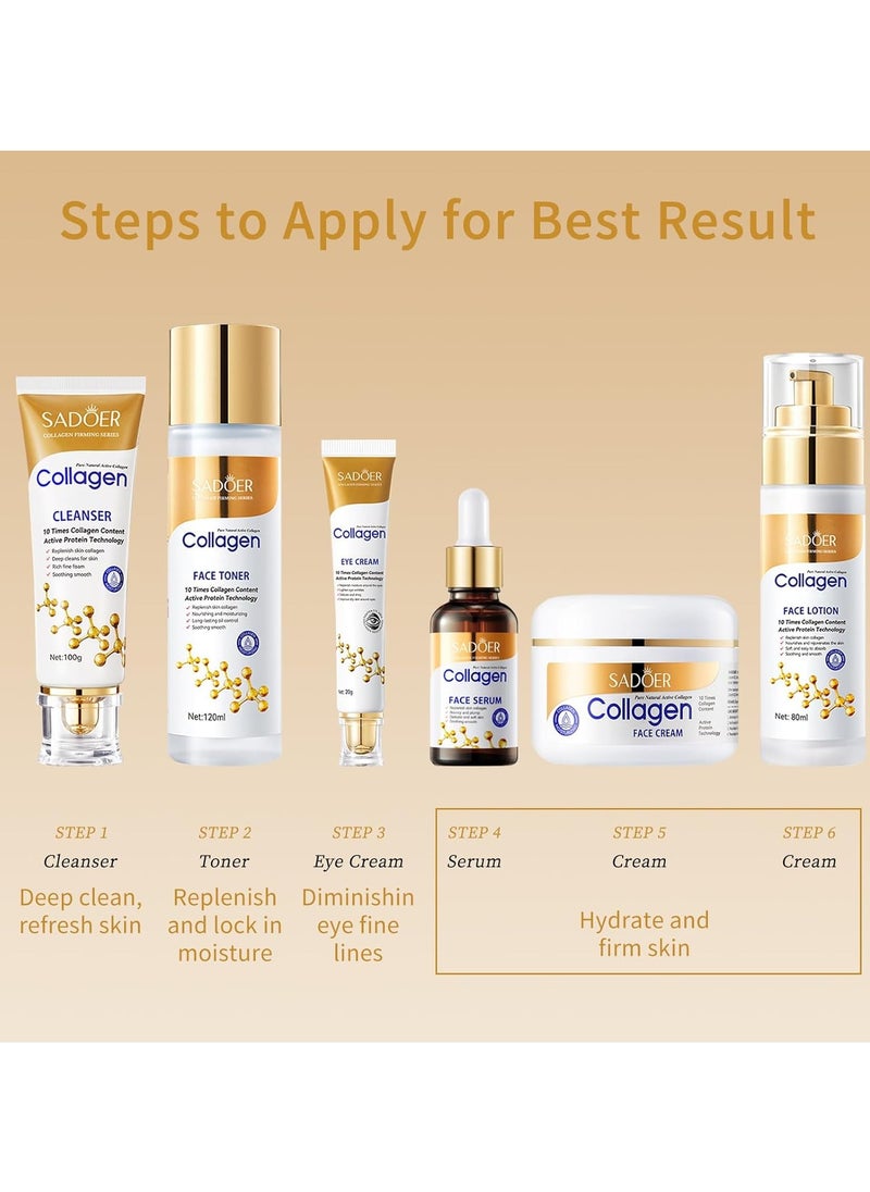 Collagen Skin Care Set, 6 Pcs Anti Aging Facial Care Sets for Women, Firming Skin, Shrink Pores, Smooth Wrinkles, Moisturizing Skin Care Kit Include Face Serum and Face Cream