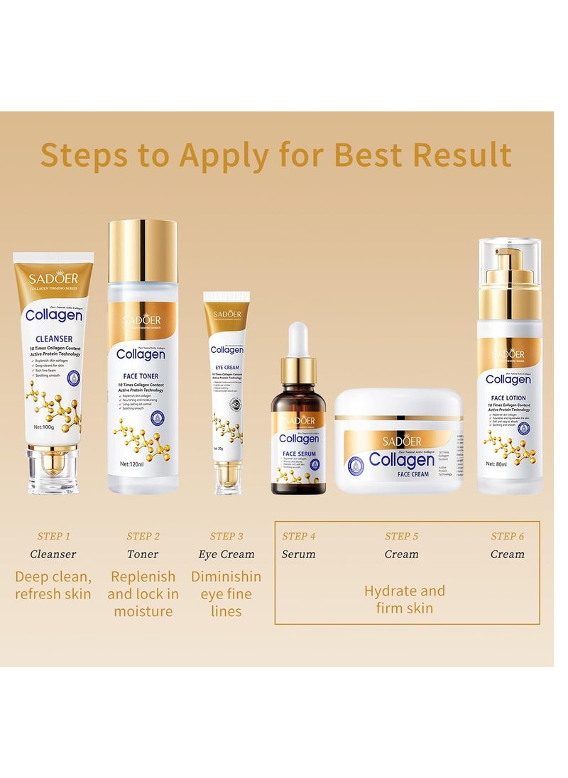 Collagen Skin Care Set, 6 Pcs Anti Aging Facial Care Sets for Women, Firming Skin, Shrink Pores, Smooth Wrinkles, Moisturizing Skin Care Kit Include Face Serum and Face Cream