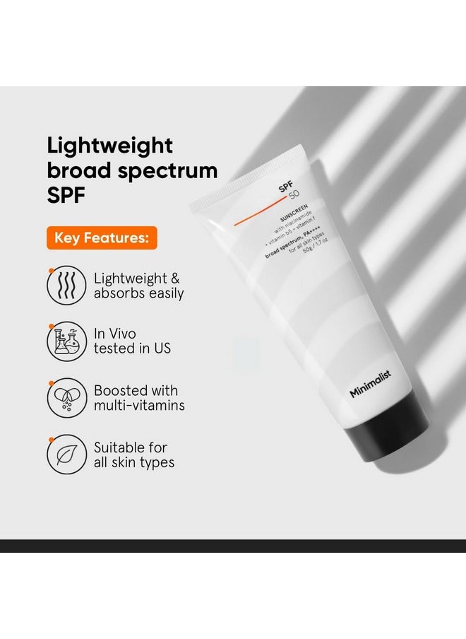 Minimalist Sunscreen SPF 50 PA++++ | Clinically Tested in US (In-Vivo) | Lightweight with Multi-Vitamins | No White Cast | Broad Spectrum | For Women & Men | 100g (Pack of 1)