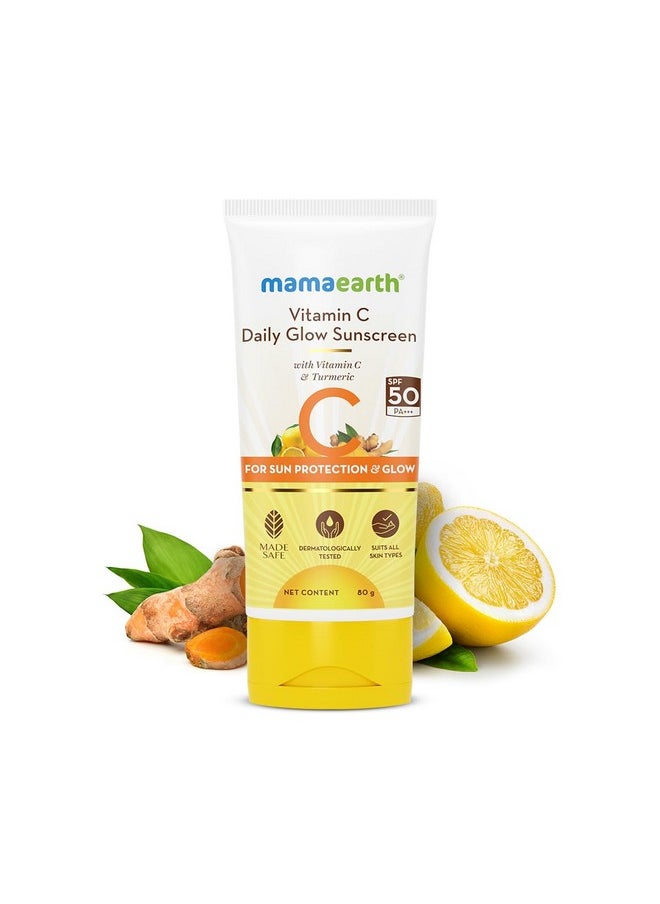 Mamaearth Vitamin C Daily Glow Sunscreen Spf 50 Pa+++ For All Skin Types|No White Cast With Vitamin C & Turmeric, Lightweight, For Sun Protection & Glow - 80 G (Pack Of 2)