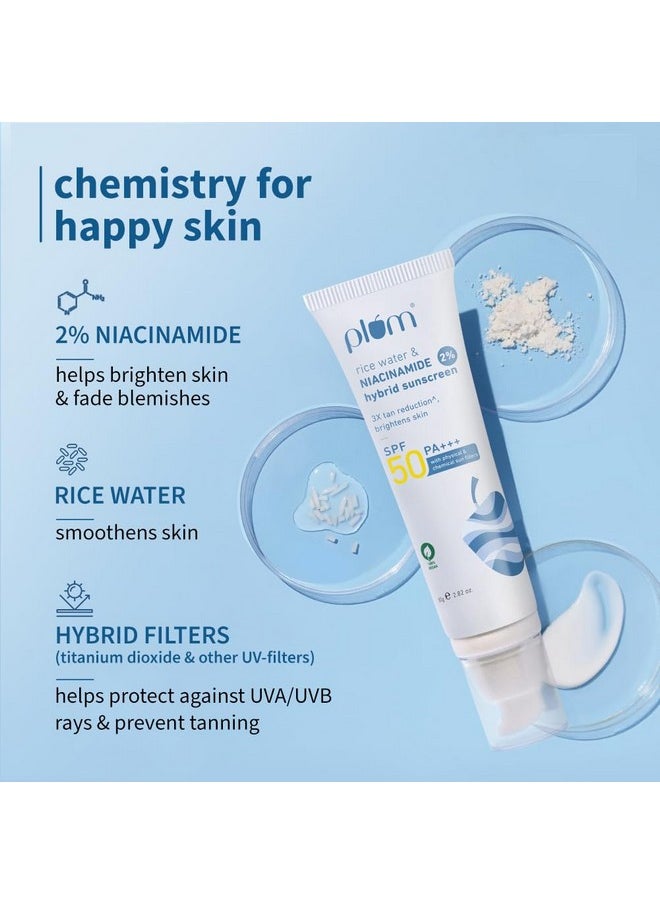 Plum 2% Niacinamide Sunscreen SPF 50 PA+++ With Rice Water | 4 Hrs Water Resistance | 3x Tan Reduction & Brightens | No White Cast, Lightweight, Non-Sticky | Dermatologically Tested | Women & Men | 100% Vegan | 80 g