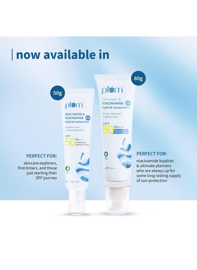 Plum 2% Niacinamide Sunscreen SPF 50 PA+++ With Rice Water | 4 Hrs Water Resistance | 3x Tan Reduction & Brightens | No White Cast, Lightweight, Non-Sticky | Dermatologically Tested | Women & Men | 100% Vegan | 80 g