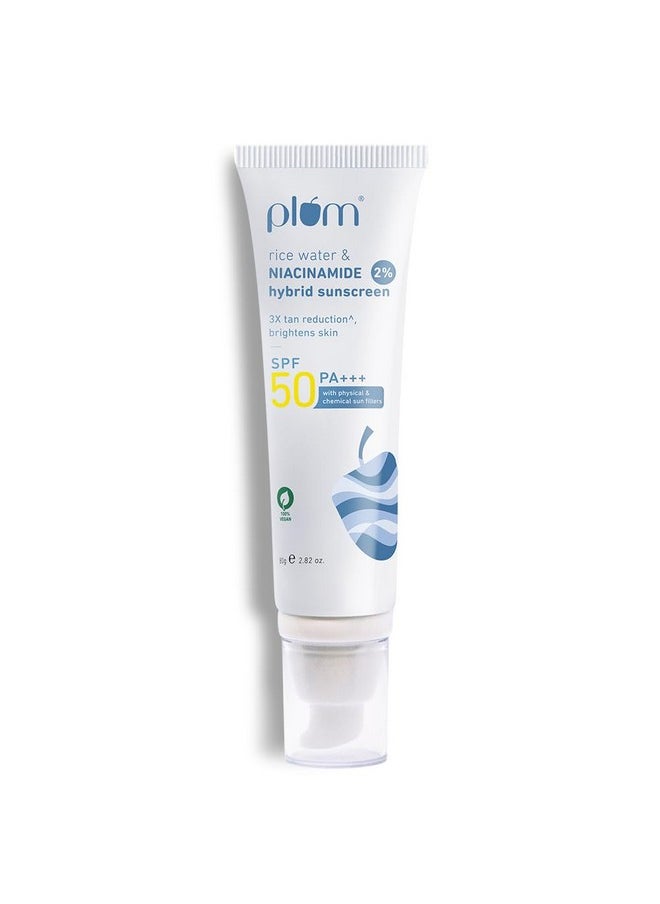 Plum 2% Niacinamide Sunscreen SPF 50 PA+++ With Rice Water | 4 Hrs Water Resistance | 3x Tan Reduction & Brightens | No White Cast, Lightweight, Non-Sticky | Dermatologically Tested | Women & Men | 100% Vegan | 80 g