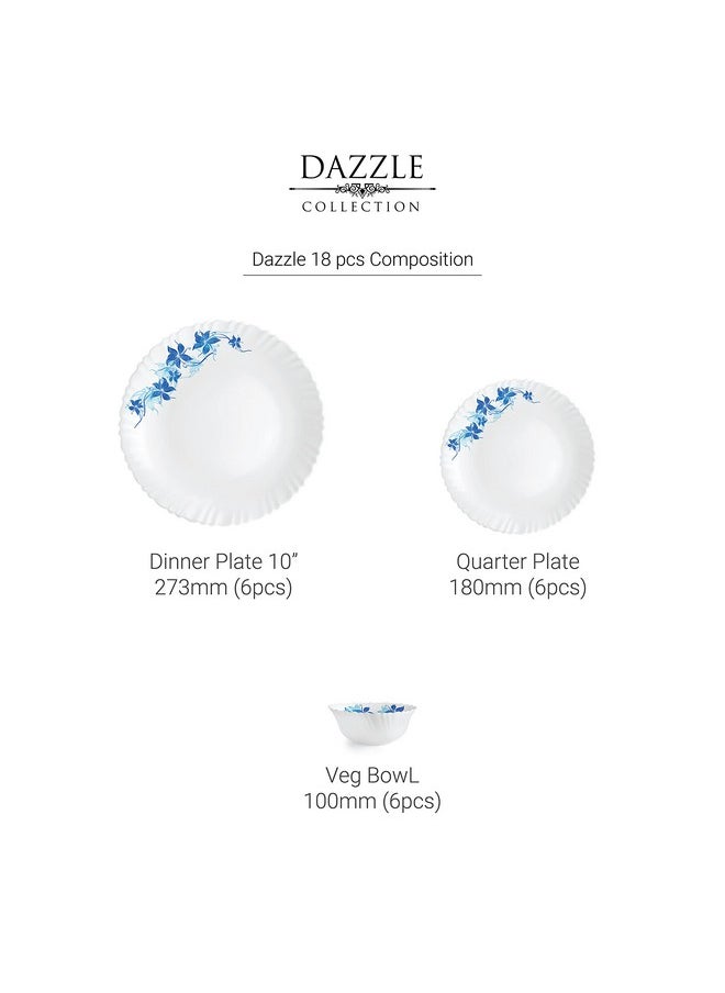 Cello Opalware Dazzle Series Blue Swirl Dinner Set, 18 Units | Opal Glass Dinner Set for 6 | Light-Weight, Daily Use Crockery Set for Dining | White Plate and Bowl Set