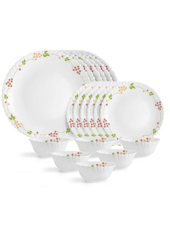 Cello Opalware Dazzle Series Secret Garden Dinner Set, 18 Units | Opal Glass Dinner Set for 6 | Light-Weight, Daily Use Crockery Set for Dining | White Plate and Bowl Set