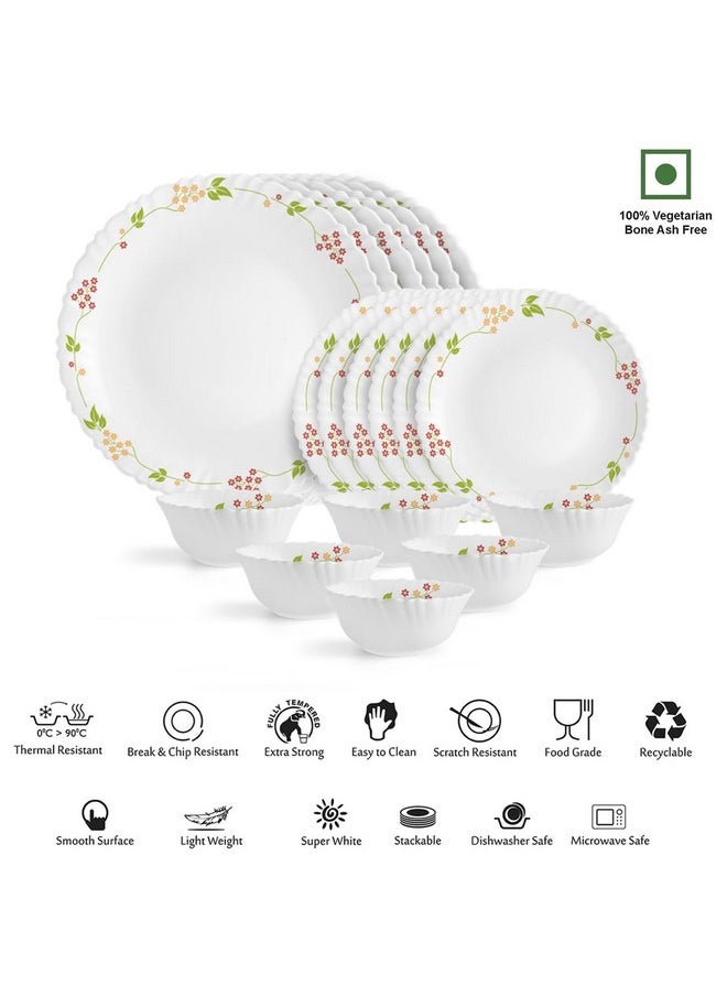 Cello Opalware Dazzle Series Secret Garden Dinner Set, 18 Units | Opal Glass Dinner Set for 6 | Light-Weight, Daily Use Crockery Set for Dining | White Plate and Bowl Set
