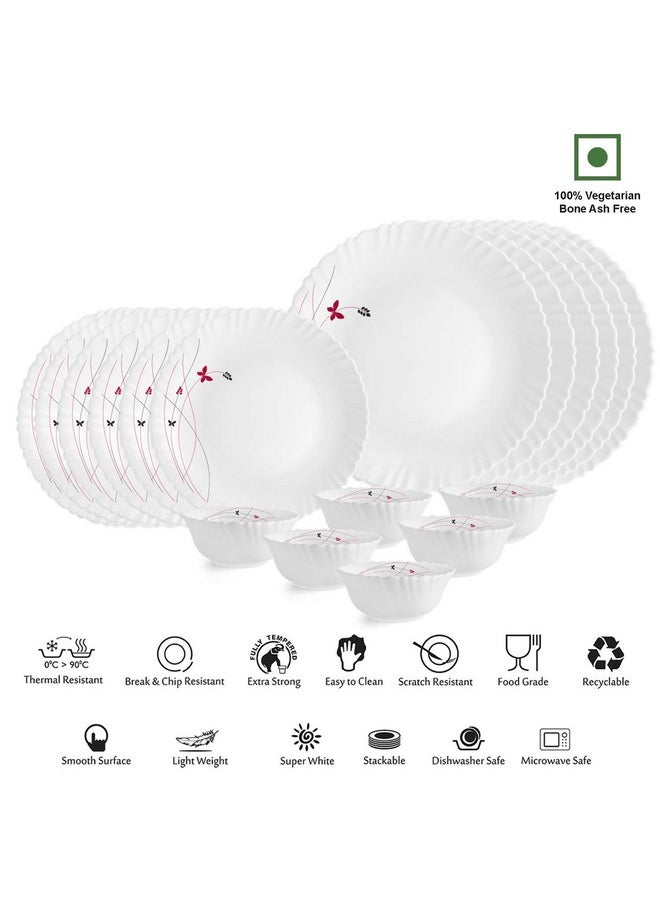 Cello Opalware Dazzle Series Lush Fiesta Dinner Set, 18 Units | Opal Glass Dinner Set for 6 | Light-Weight, Daily Use Crockery Set for Dining | White Plate and Bowl Set