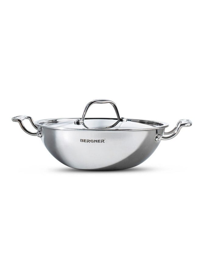 BERGNER Argent TriPly Stainless Steel 24 cm Kadai with Stainless Steel Lid, 2.5 L Kadhai/Karai with Lid, Food Safe, Stay Cool Cast Handles, Dishwasher Safe - Induction Bottom and Gas Stove Ready