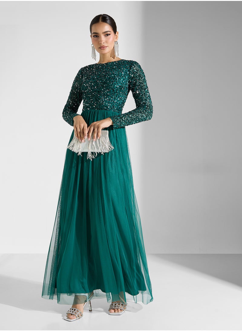 Crew Neck Sequin Maxi Dress