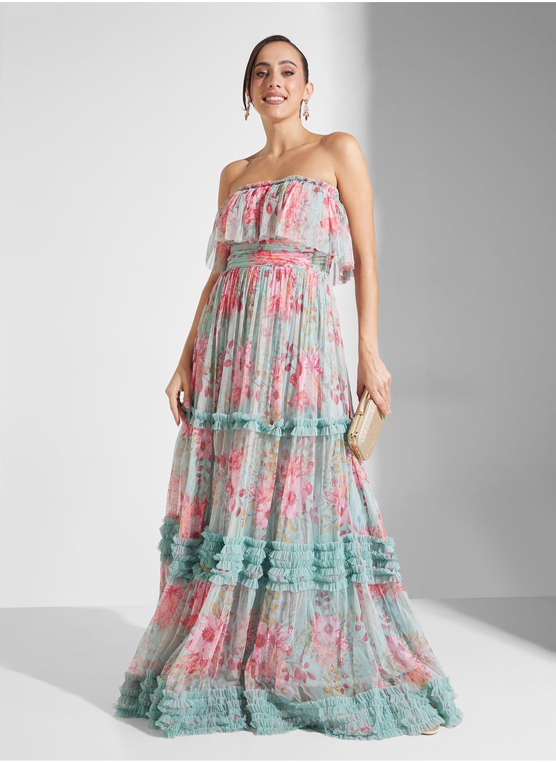 Strappy Floral Print Tiered Maxi Dress