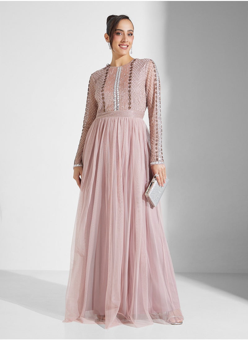Embellished Tulle Gown Dress