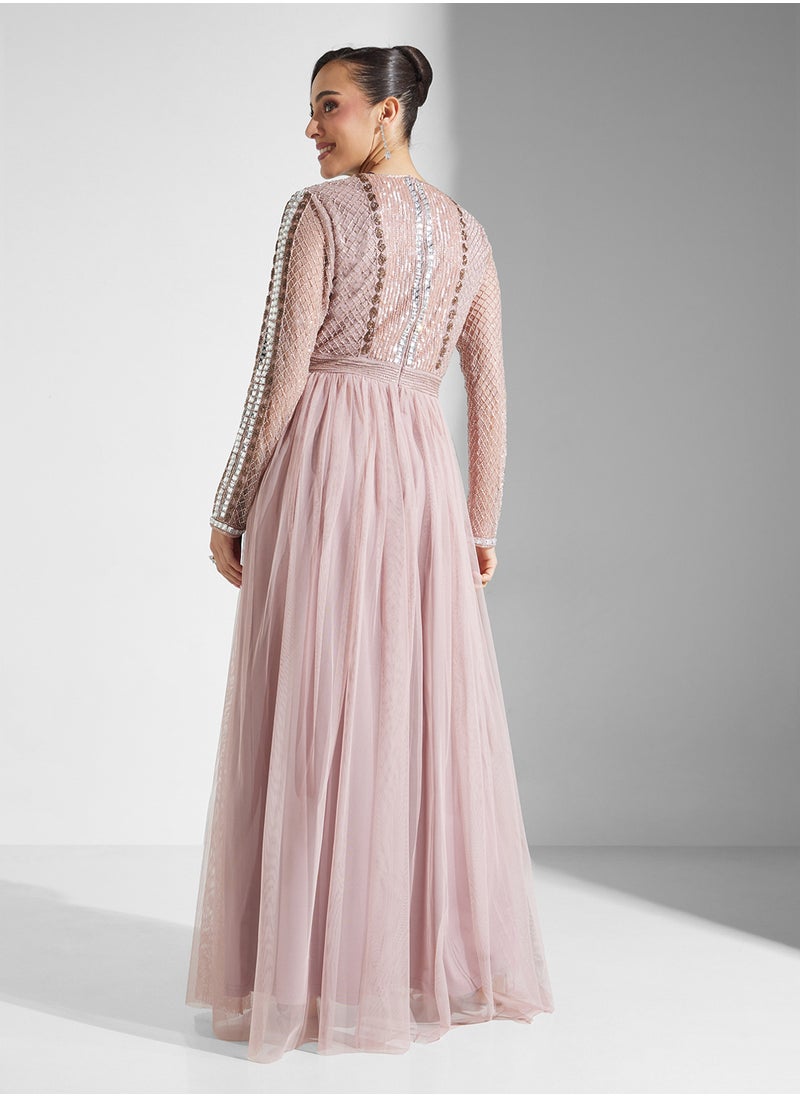 Embellished Tulle Gown Dress