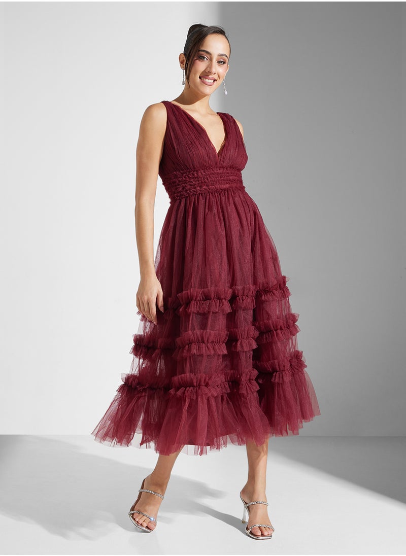 V-Neck Ruffles Dress
