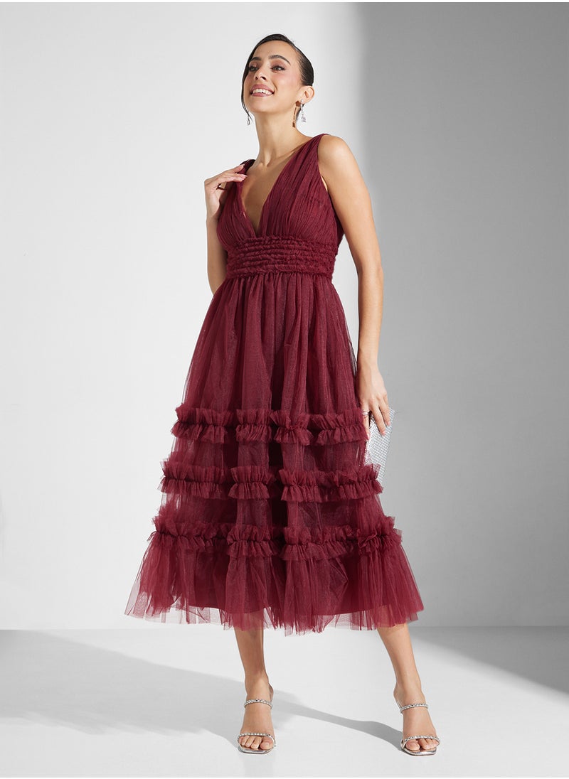 V-Neck Ruffles Dress